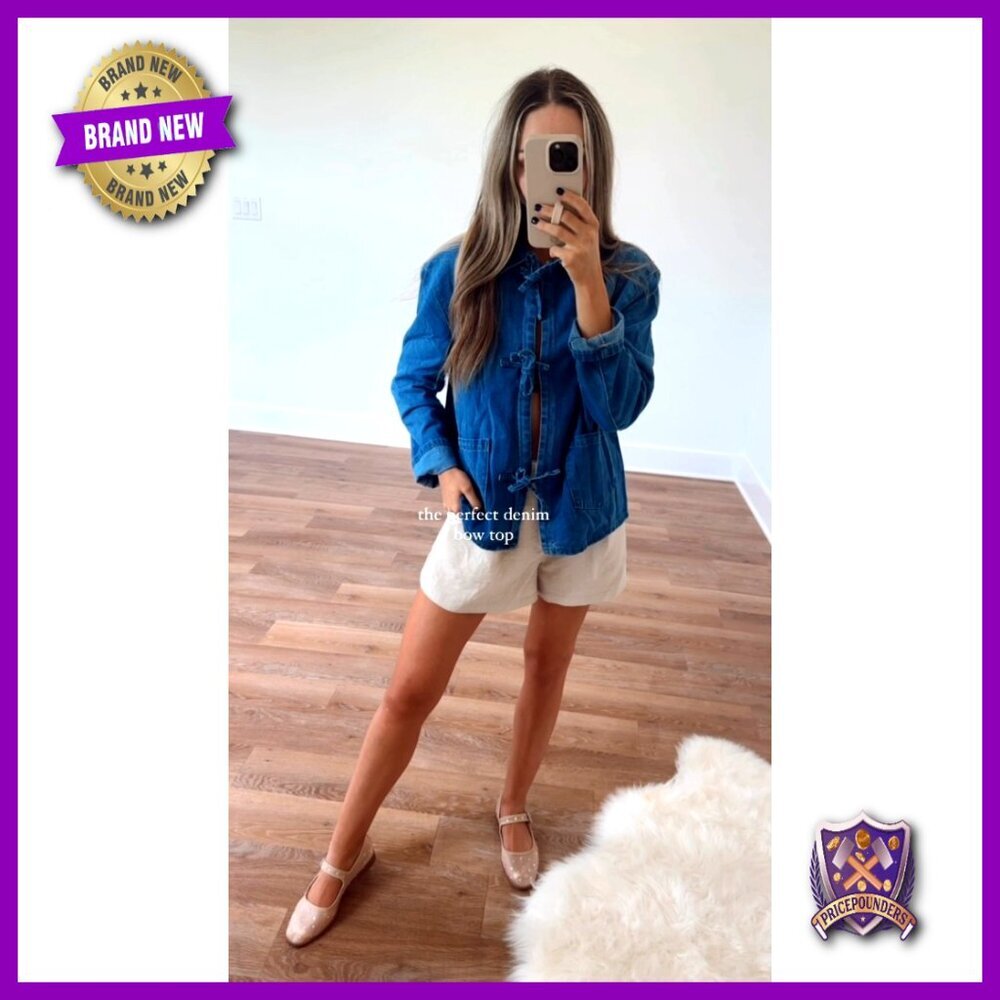 Distressed Denim Shacket Tie Front Y2K Oversized Loose Fit Long Sleeve with - Picture 7 of 7
